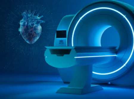 An image depicting a CT scanner with a digital heart